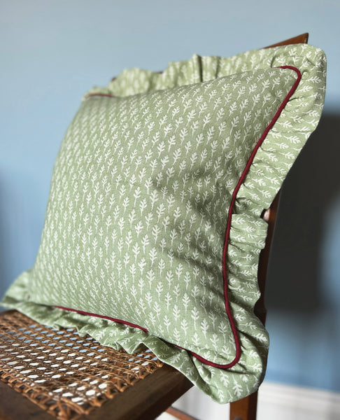 Little Leaf Cushion in Green with Burgundy Piping and Ruffle