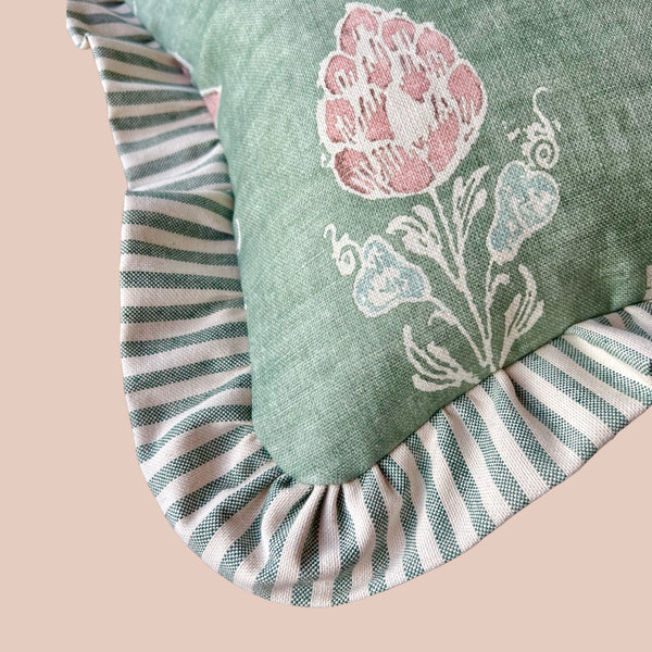 Citadel Floral Print in Green with Striped Ruffle - Oblong