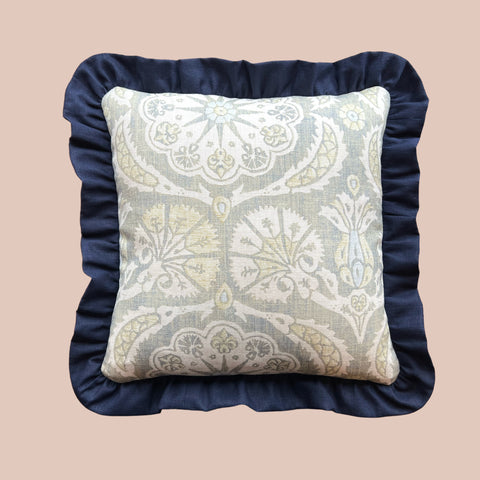 Pasha Print Cushion with Navy Ruffle