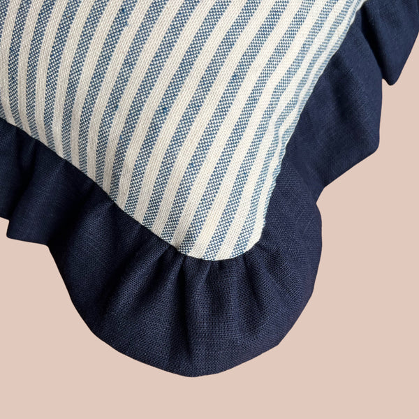 Pasha Print Cushion with Navy Ruffle - Oblong