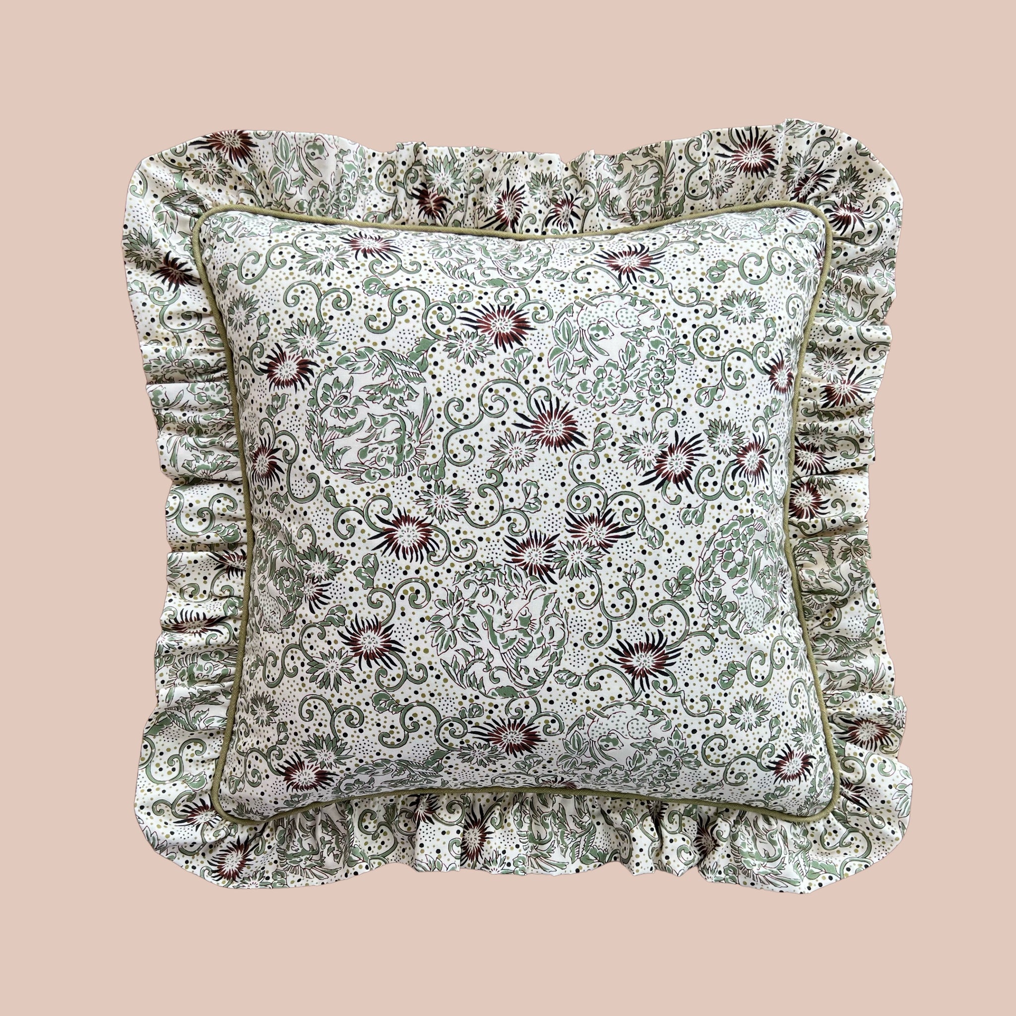 PRE-ORDER Pierre Frey "Butterfly" Cushion with Olive Piping and Ruffle