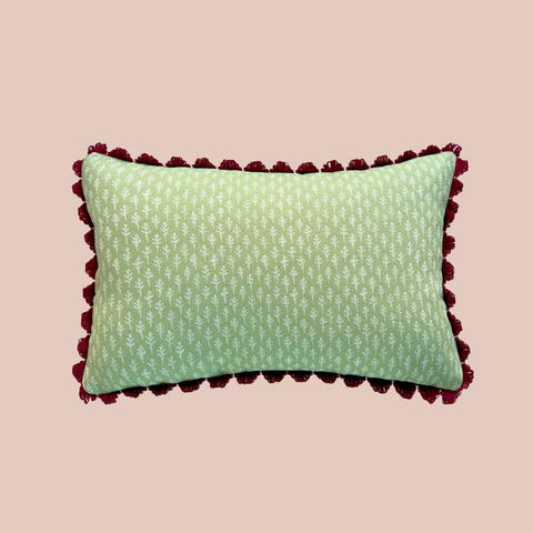 Little Leaf Cushion in Green with Burgundy Scallop Trim