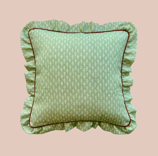 Little Leaf Cushion in Green with Burgundy Piping and Ruffle