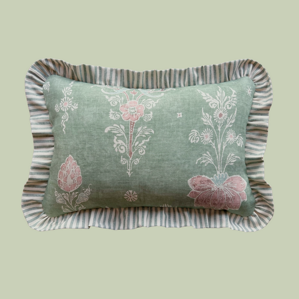 Citadel Floral Print in Green with Striped Ruffle - Oblong
