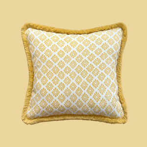 Yellow Sunburst Cushion with Brush Fringe