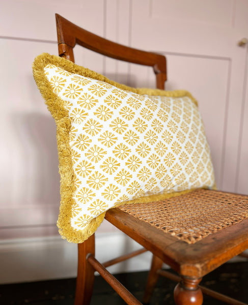 Yellow Sunburst Cushion with Brush Fringe - Oblong